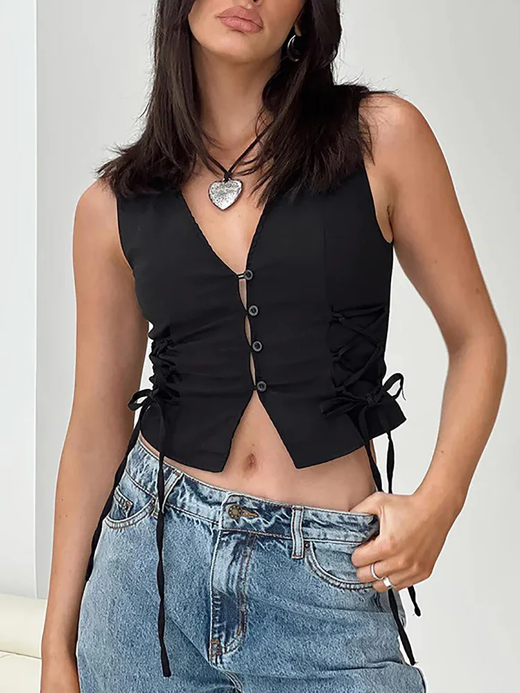 

Sleeveless Adjustable Waist Outerwear, Women Summer Loungewear Solid Single-Breasted Tops, V-Neck Ladies Short Vest Streetwear