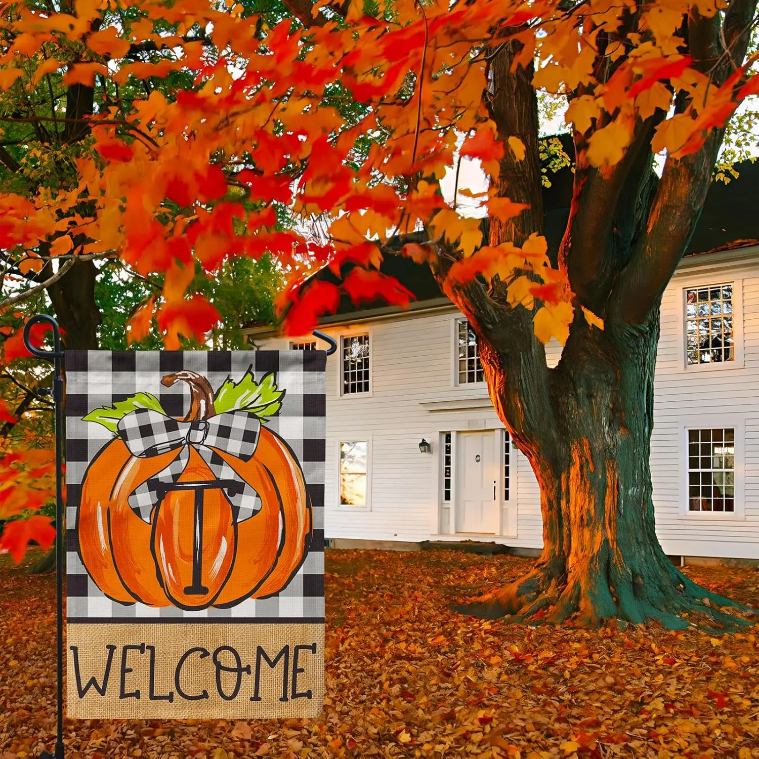 PAMBO Monogram Letter T Pumpkin Garden Flag, Fall Flag 12x18 Inch Double Sided for Family Last Name Initial Yard Outside Burlap 