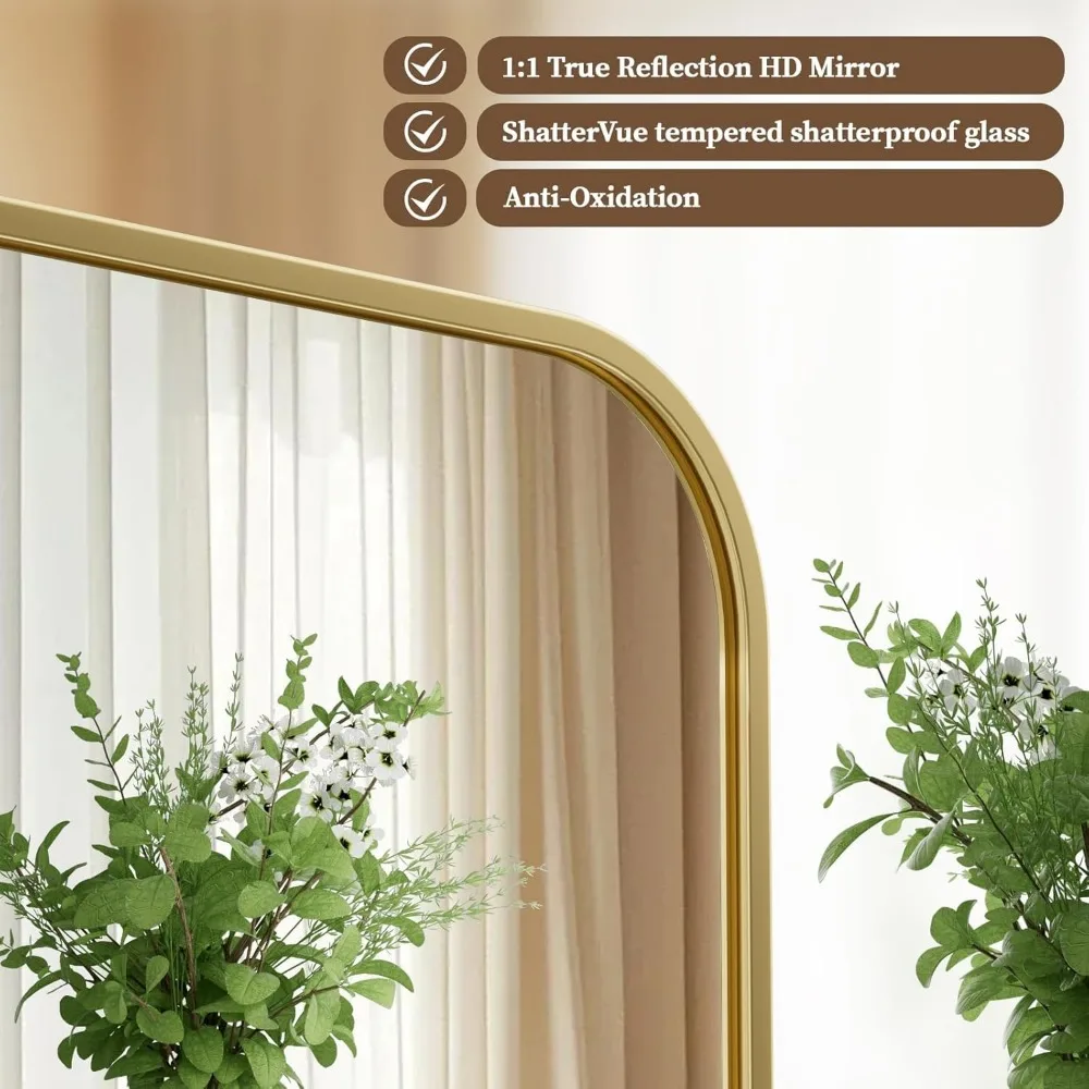 24x36 인치 골드 직사각형 알루미늄 프레임 벽거울, 둥근 모서리, 파손 방지 디자인