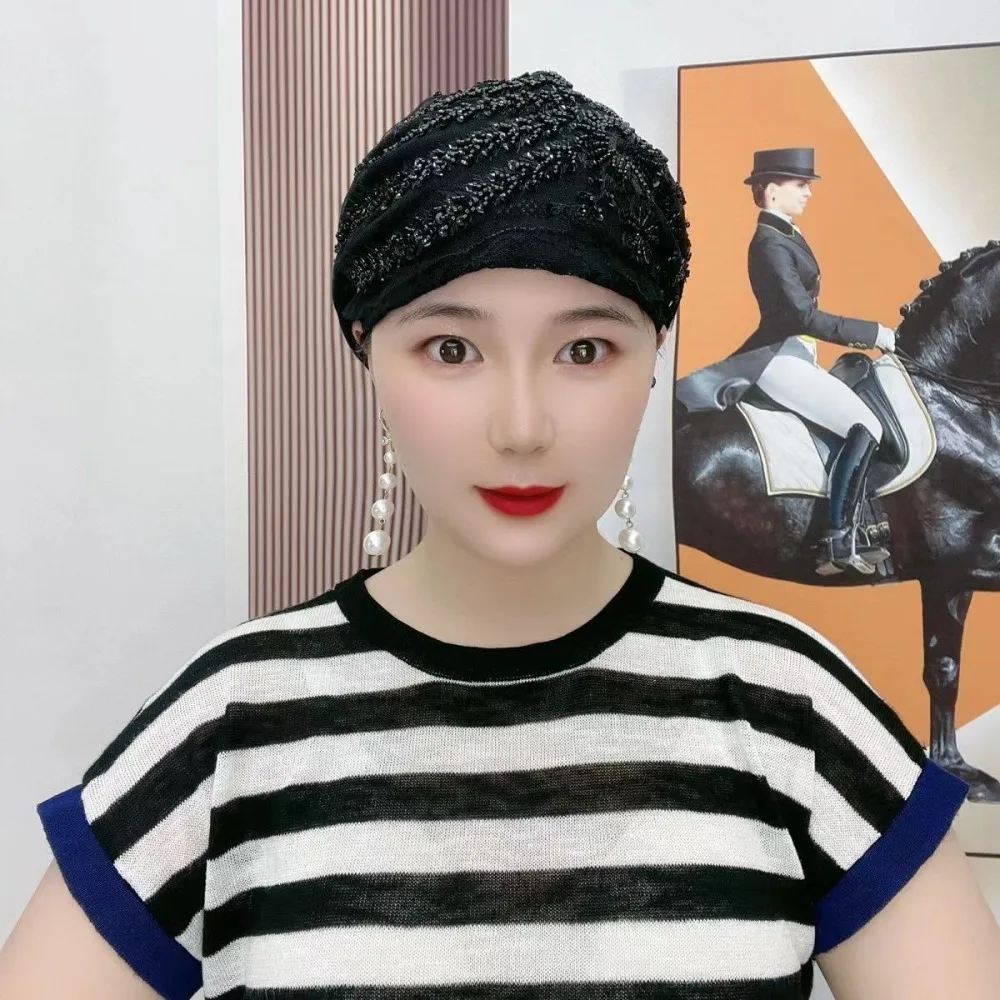 

Phoenix Tail Floral Lace Caps Turban Cap Breathable Women Headscarf Glitter Embroidery Beanie Hair Cover Cap Lady Female