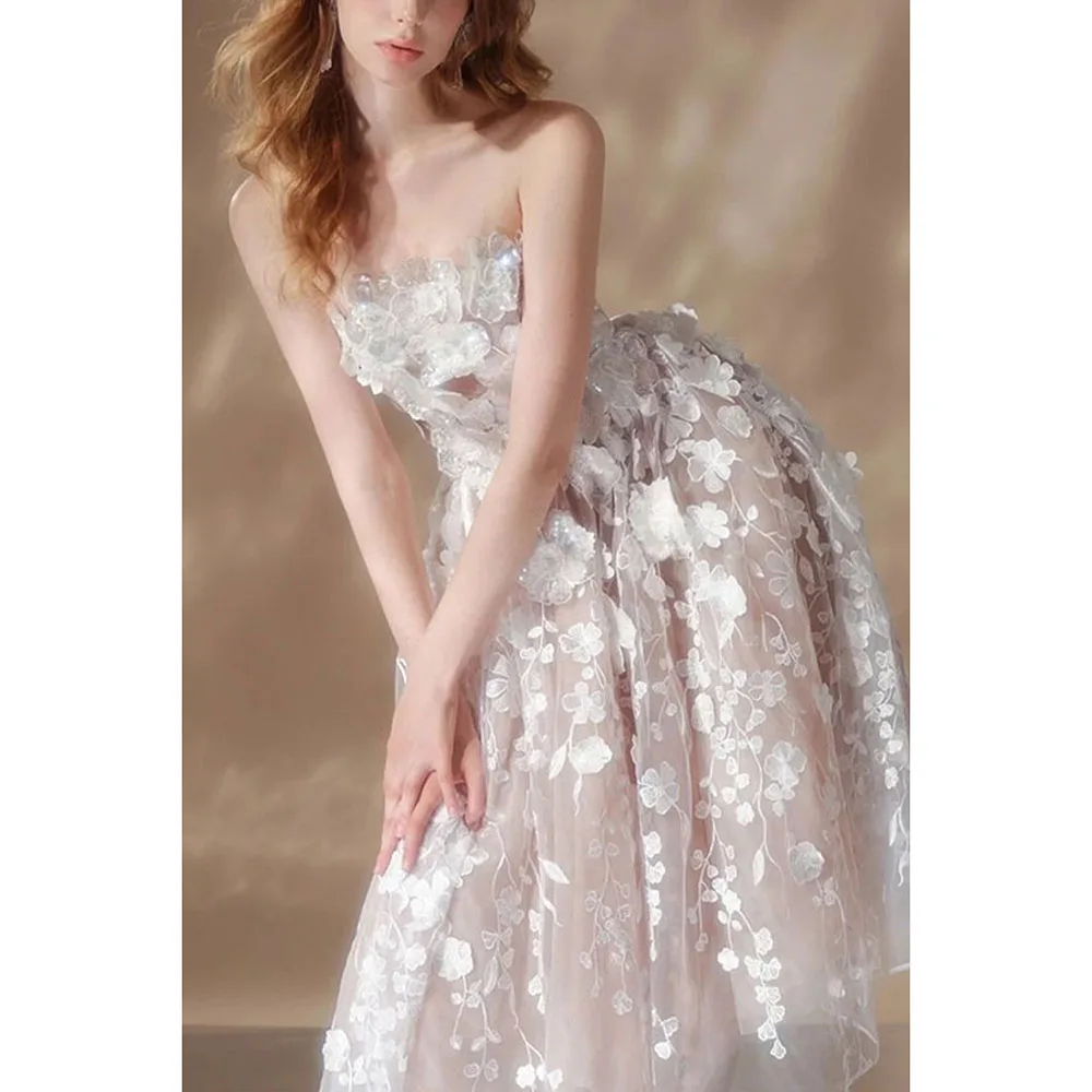 Robe de soirée A-ligne en dentelle avec appliques gracieuses, robe de princesse personnalisée, longueur de fibre sans bretelles, événement spécial