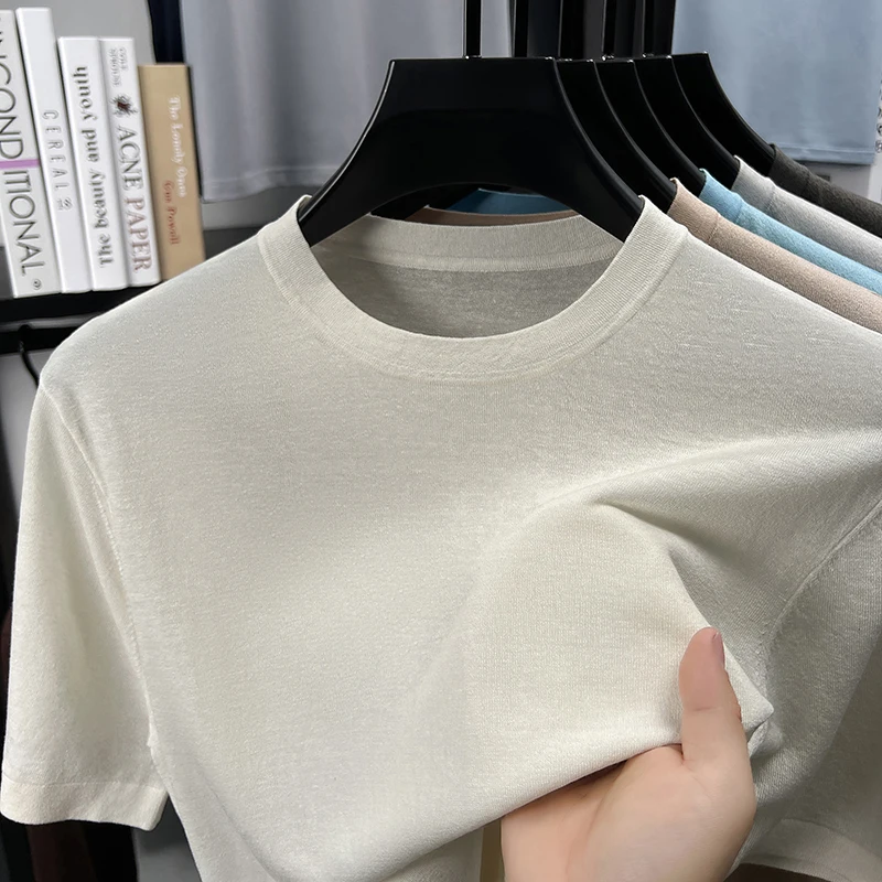 75,4% лиоцелловый трикотаж для мужчин, весна-лето 2021, повседневная вязаная футболка с круглым вырезом и коротким рукавом, дышащие льняные вязаные топы