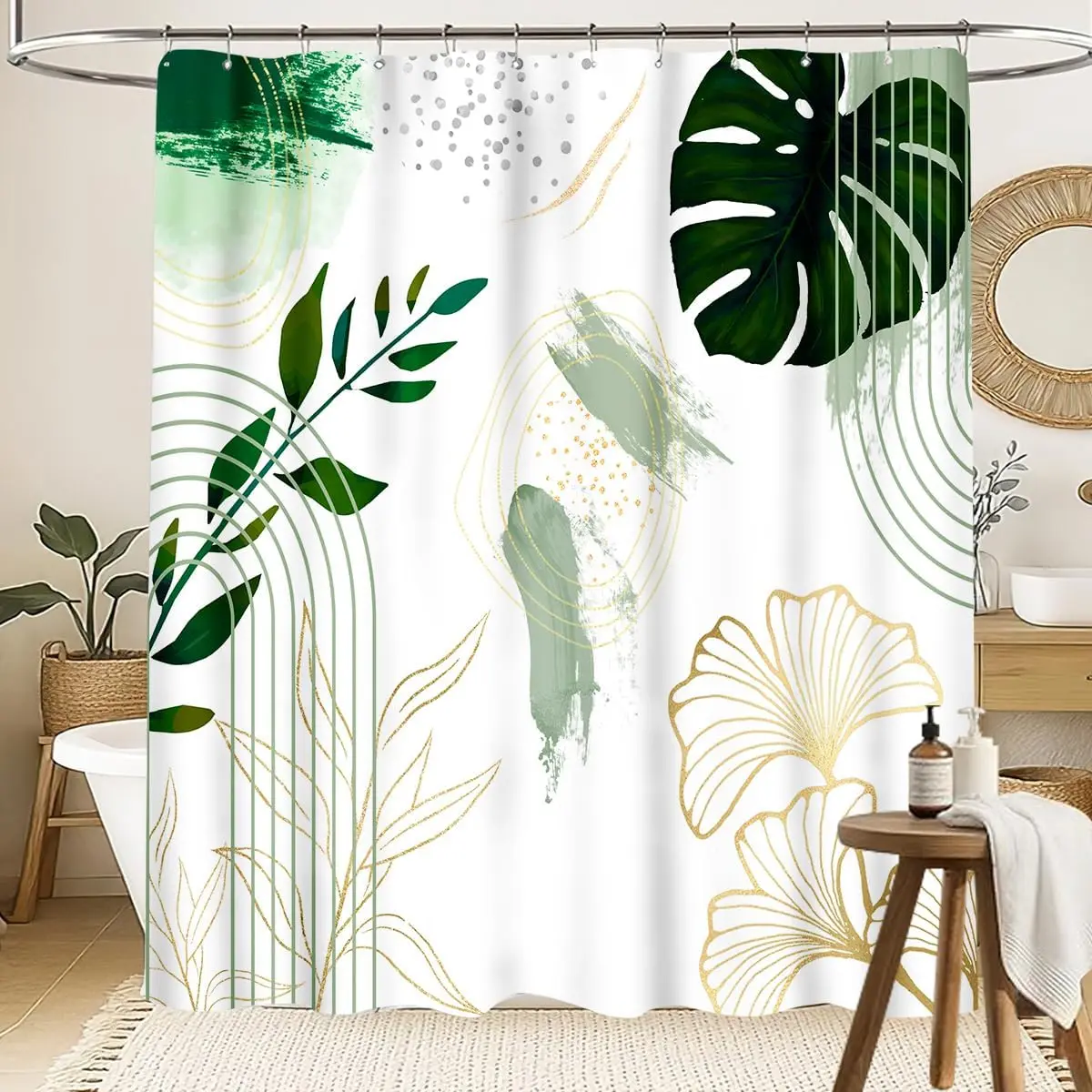 Luxury Tropical Botanical Shower Curtain Jungle Rainforest Print Boho Leaves Modern Aesthetic Bathroom Decor 180x180cm Size