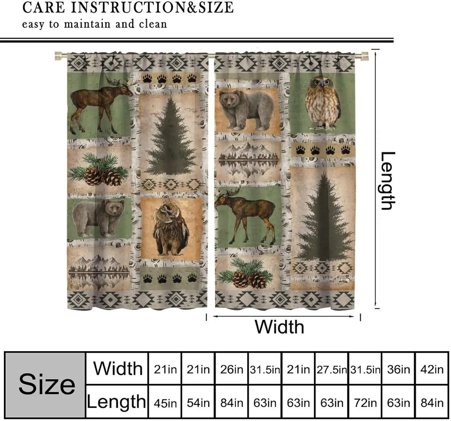 Rustic Lodge Curtain Panels, Patchwork Moose Bear Owl Pine Cone Mountain Tribal Print Drapes for Bedroom Window Home Decor