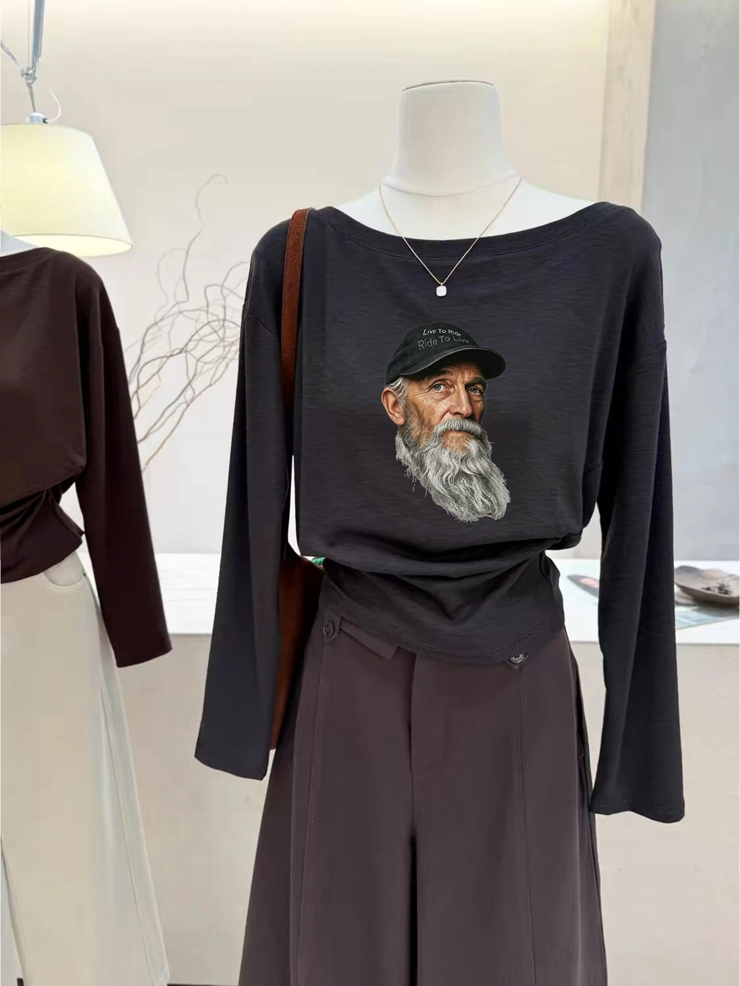 Loose Long Sleeve T-Shirt Women's Casual round Neck Base Shirt Lazy Style Top Creative Pattern Cotton Autumn New Arrival