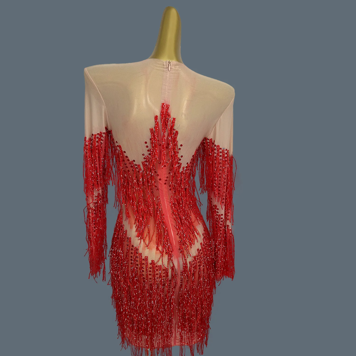 Women Sexy Tassel Long Sleeved Dress Celebrate Festival Evening Prom Elastic Ultra Short Dress Latin Dance Stage Show Costume