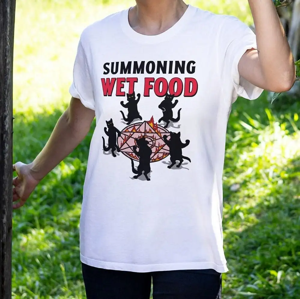 Funny Cat T Shirt Summoning Wet Food Owner Crazy Lady Occult Art Satanic Gag