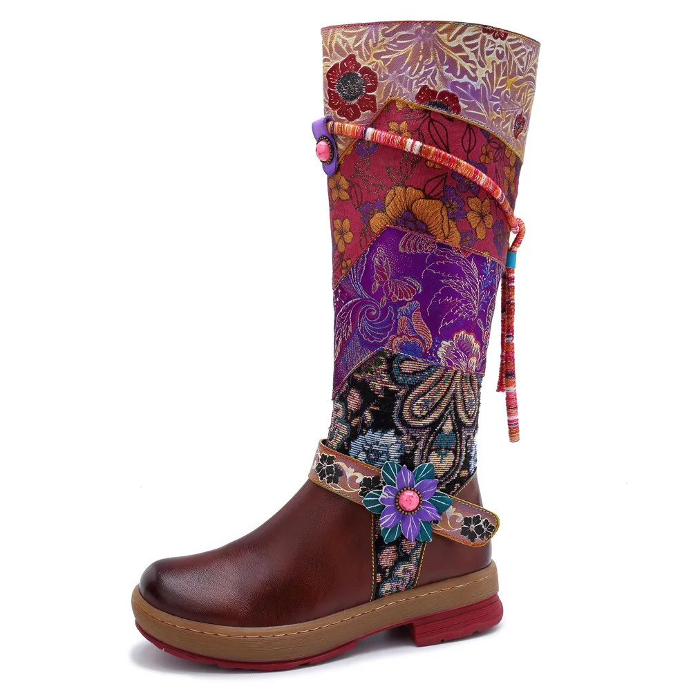 

Luxury Ethnic Style Long Tube Women Boot Vintage Floral Knee-high Platform Boots Original Design Leather Boots for Women