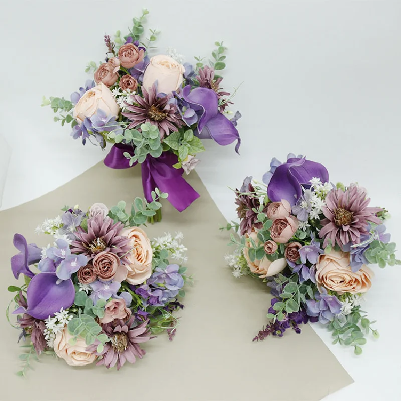 28X26cm Bridal Bouquet Home Floral Wedding Purple Calla, Champagne, Rose Simulation Flower Bundle Bridal Handheld Flowers 607