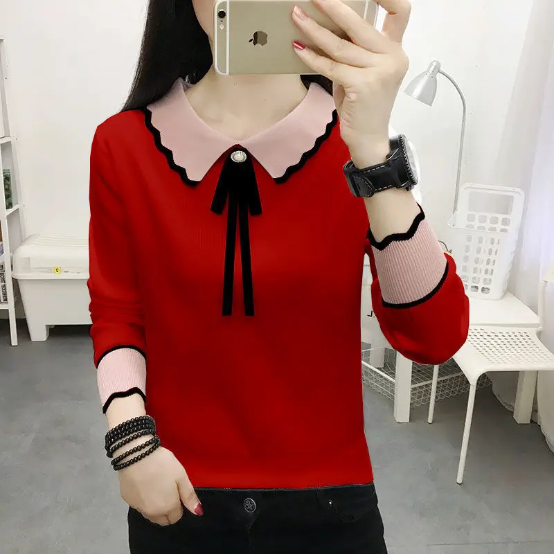 Fashion Peter Pan Collar Spliced Beading Bow Sweaters Women\'s Clothing 2023 Autumn Winter Loose Casual Pullovers Commuter Tops