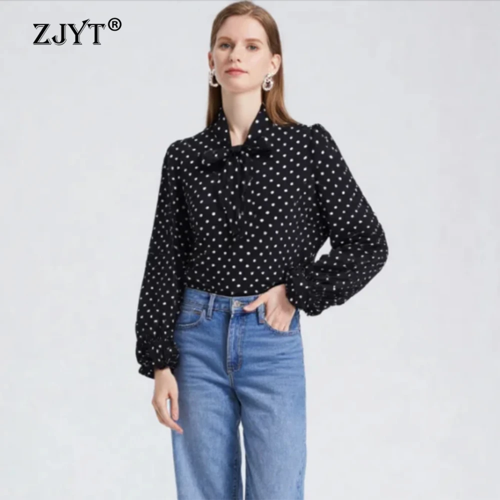 

Новая элегантная женская блузка ZJYT большого размера с длинным рукавом, черная, в горошек, повседневная