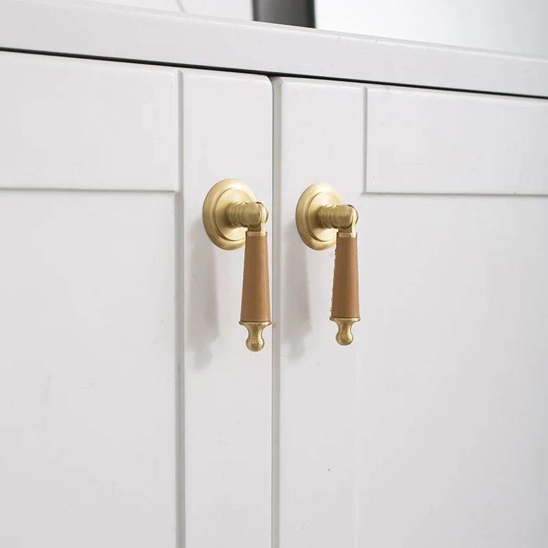 Designed 10PCS Brass+Cow Leather Pendant Furniture Handles Drawer Pulls Cupboard Wardrobe Kitchen Dresser TV Wine Cabinet Pulls