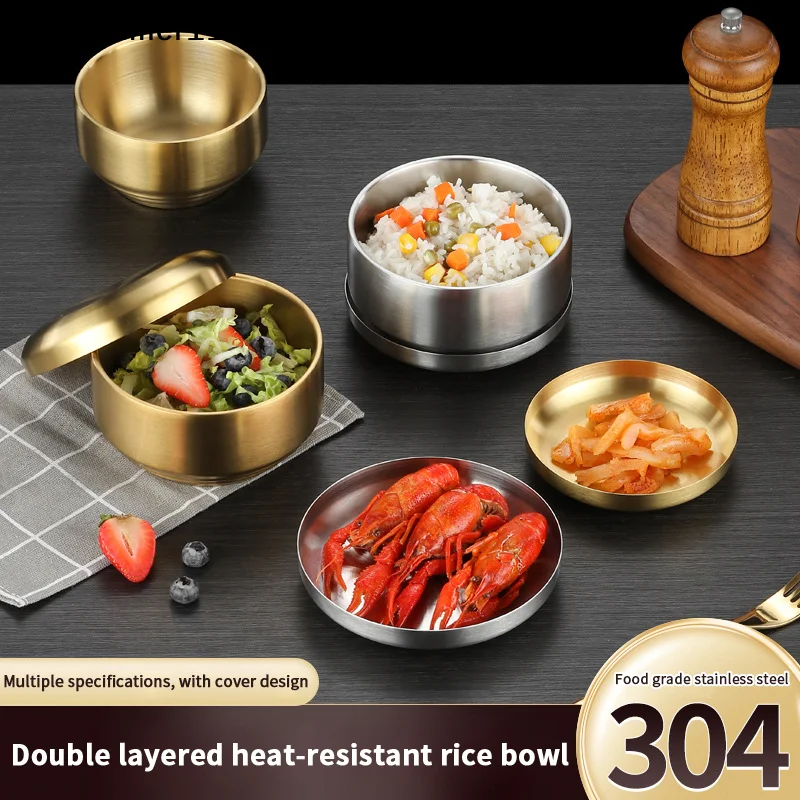 【Wq0】Korean Style 304 Double-layer Thick Durable Stainless Steel Rice Bowl Soup Rice Bowl Cuisine Home Child Small Bowl Cuisine
