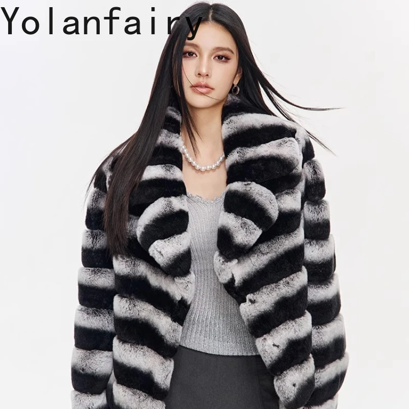 YOLANFAIRY الخريف والشتاء الفراء الكامل من معطف فرو أرنب ريكس المرأة مصممة طوق الشباب نمط قصير دافئ نطاق طبيعي 2025