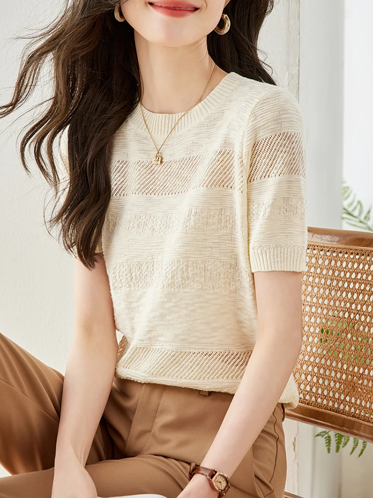 Summer Slim Thin Round Neck Solid Color Knitted Short-sleeved Pullover T-shirt 2024 New Fashion Casual Loose Top