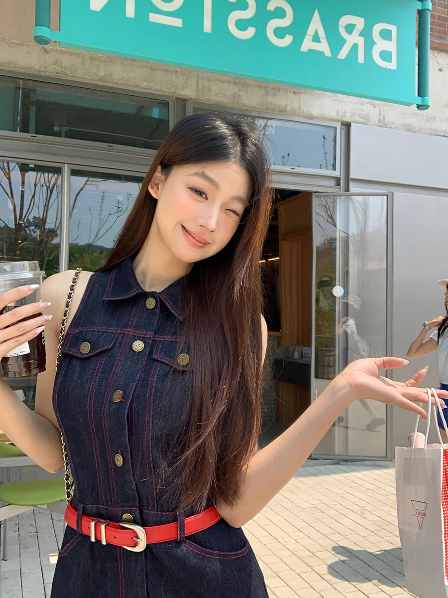 Vestido de Verão Novo em Jeans Azul para Mulheres, Cintura Alta, Estilo H, Mistura de Aodão e Poliéster, Sem Mangas, Gola P...