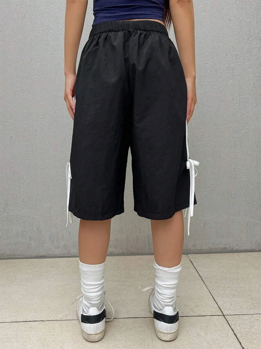 Women's Casual Shorts Loose Fit High Waist Elastic Side Strap Bow Designer Women's Summer Wear
