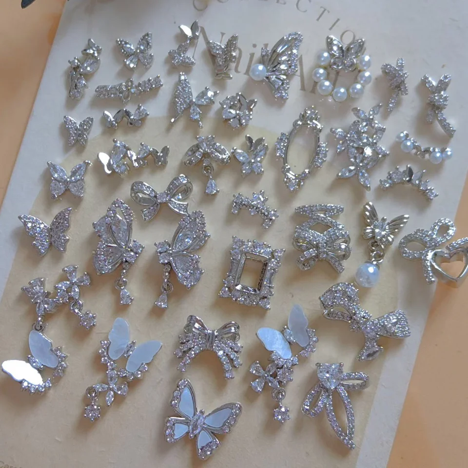 10 piezas, mariposas plateadas de lujo con lazo y zirconio, decoraciones para uñas 2