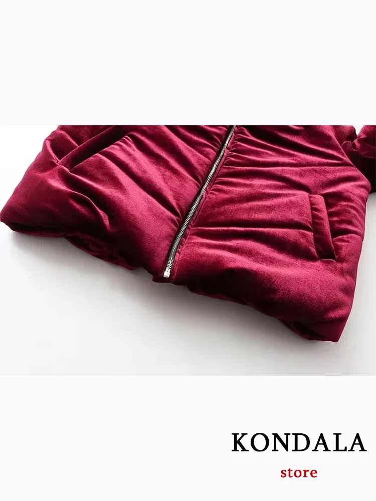 KONDALA Vintage Casual Women Jackets Solid O Neck Zipper Pocket Velvet Coats New Fashion 2023 Autumn Winter Thick Warm Outwears