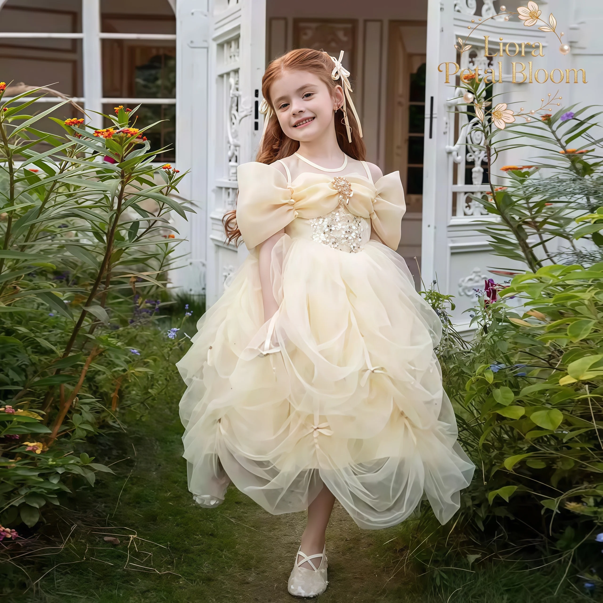 Girls' Yellow Princess Gown Girls' Off-the-Shoulder Dress Girls' Pearl-Embellished Party Dress Flower Girl Gown