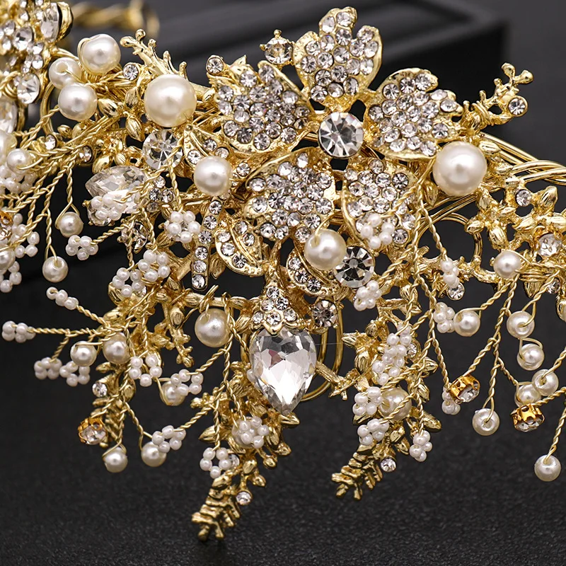 Luxury Handmade Baroque Rhinestone Pearl Crystal Wedding Bridal Crown Hair Accessory Queen Party Crowns for Wedding Pageant