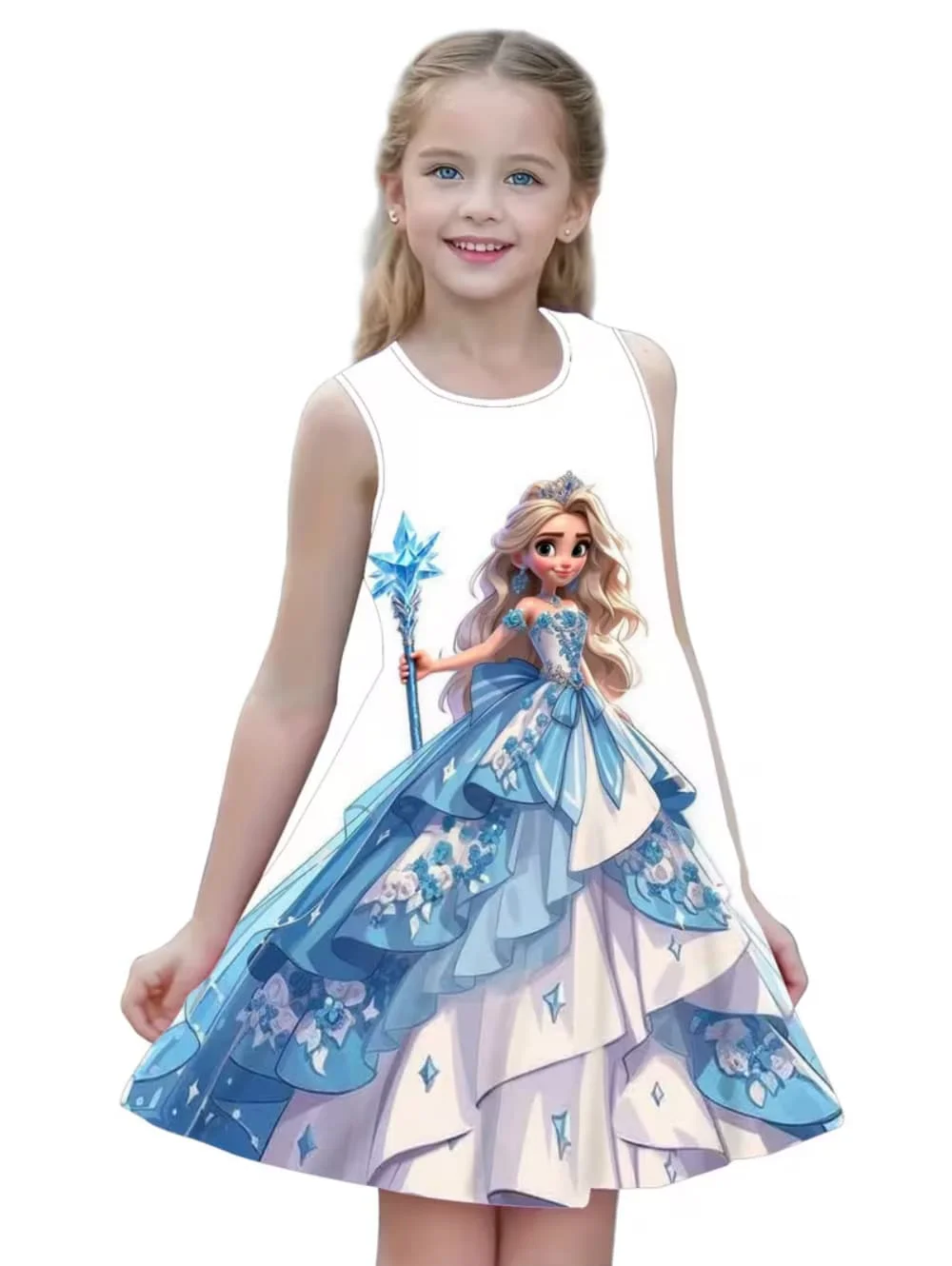Girl's Princess Cartoon Print Dress Summer Casual Round Neck Short Sleeve Dress Outdoor Wear Elegant Party Dresses Girl Clothes
