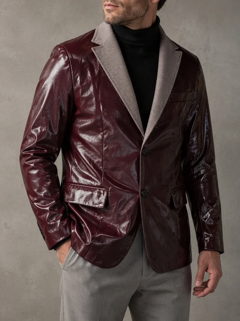 Men's Wine Red Patent Faux Leather Business Blazer Contrast Lapel Slim Suit Jacket for Party Wedding Banquet Formal Occasions
