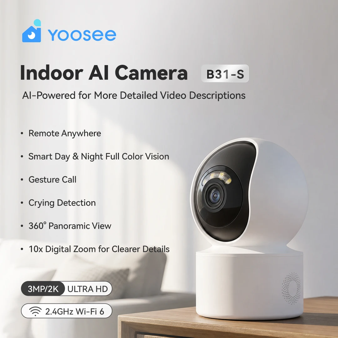 Yoosee B31-S Indoor AI Camera 2K 3MP WiFi6 Security Cam 360° Panoramic View Full Color Night Vision  Home Baby Pet Monitor
