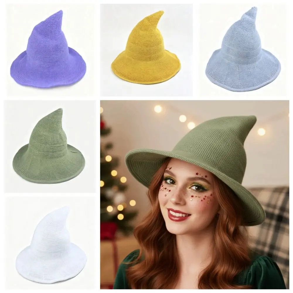 Cosplay Headpiece Knitted Witch Hat Wide Brim Pointed Top Wizard Cap Crochet Texture Breathable Pointed Bonnet Photoshoot 5
