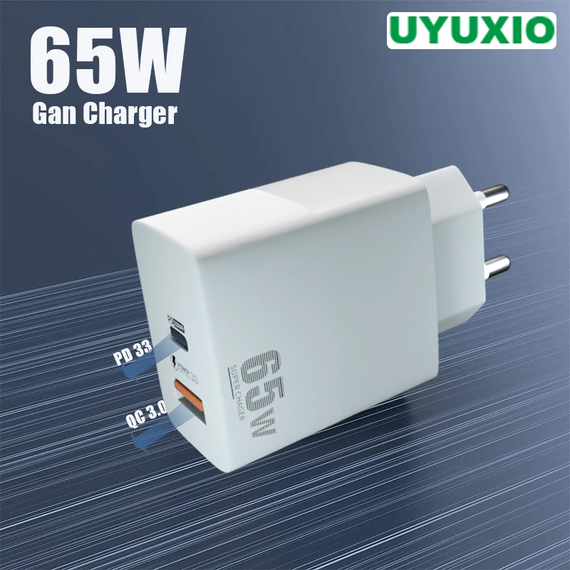 UYUXIO 2 Port USB C Phone Charger 65W Gan Super Fast Charging Wall Adapter for iPhone 15 Pro Max Plus 14 13 Macbook Samsung iPad