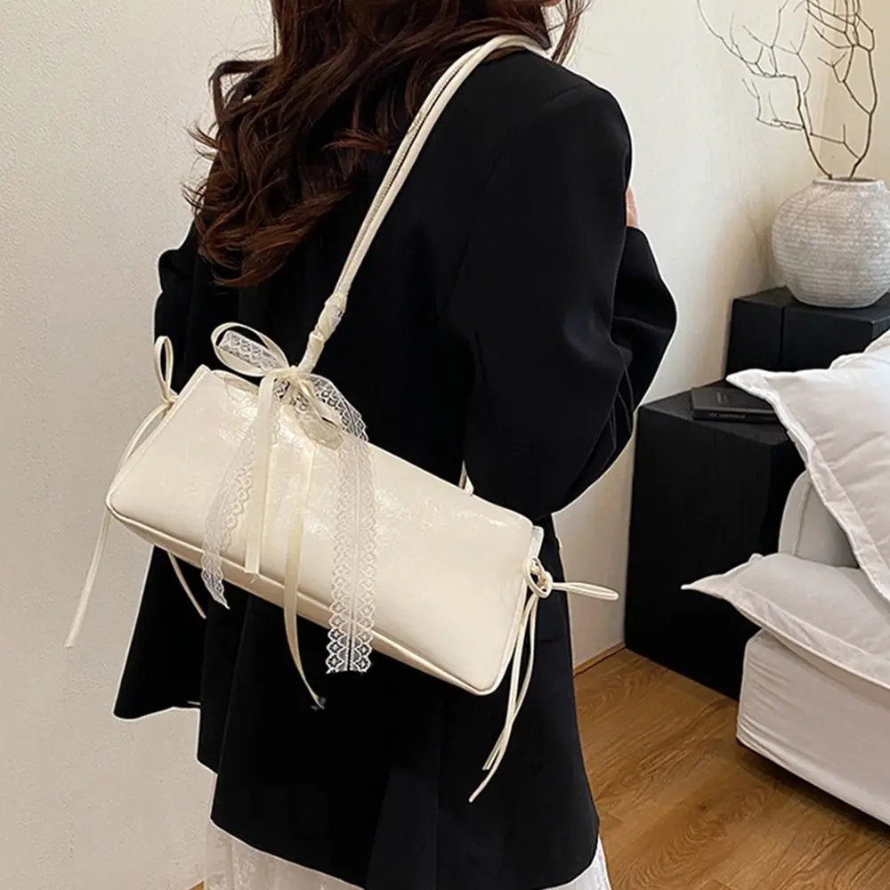 Trendige mehrfarbige Umhängetasche aus PU-Leder, große Kapazität, Unterarmtasche, Schleife mit Spitzenband, PU-Ledertasche zum Einkaufen