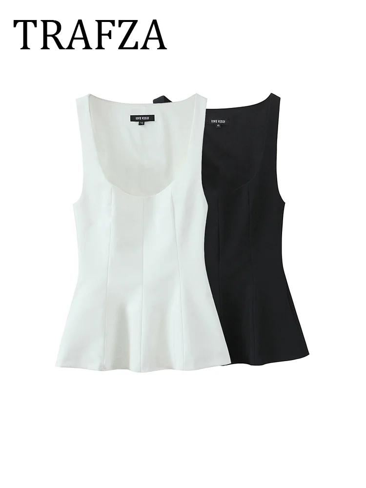 TRAFZA, Top con cuello cuadrado para mujer, sin mangas, fruncido, sólido corto, camiseta sin mangas para mujer, nueva primavera 2021, Top ajustado Peplum, básico informal