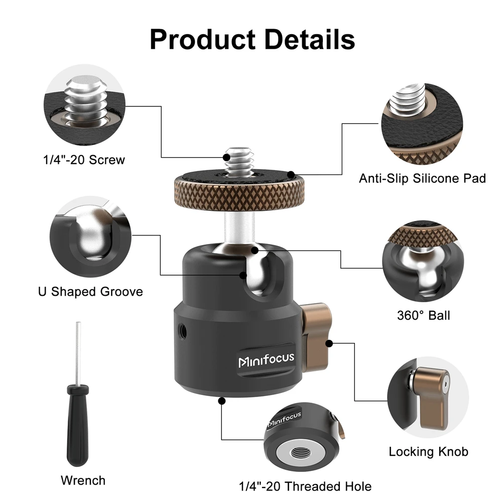 Mini Ball Head Mount 360° Panning Ballhead for DSLR/Mirrorless/Camera/Microphone/Monitor/Slider/Projector/LED Video Light Stand