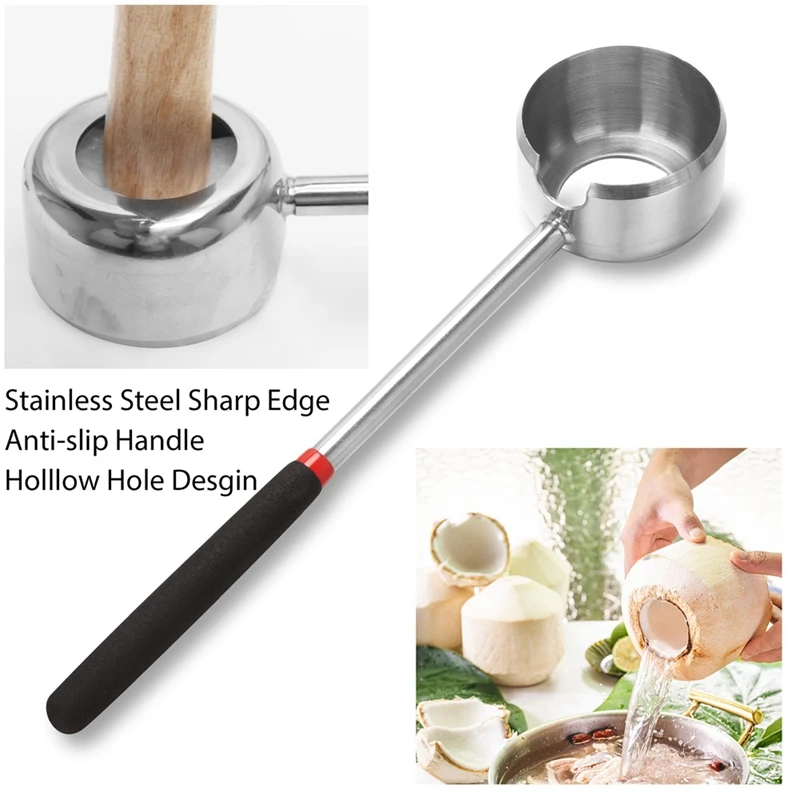 Coconut Opener Tool Set,Safe Easy To Open Young Coconut Tool, All In One Food Grade Stainless Steel Coconut Opener Kit Durable