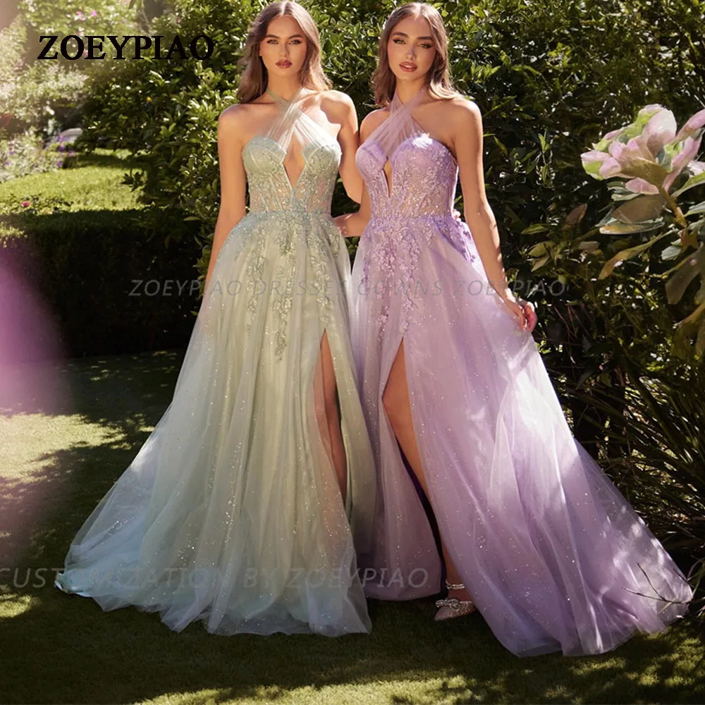 

Romantic Lavender Halter Glitter Party Gowns Luxury Applique Green Tulle Shiny Evening Dress Sleeveless Side Slit Vestido Festa