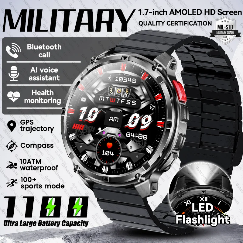 

New Military 1100mAh Super Long Range Smart Watch GPS Compass Flashlight Voice Bluetooth Call Waterproof Sports Men Smartwatches