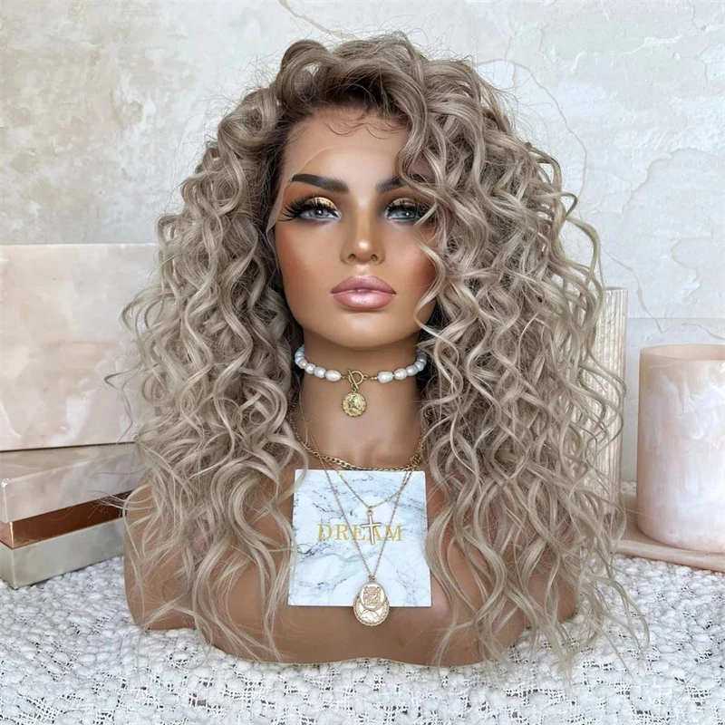 

Ash Blonde Loose Curly Lace Front Wig Synthetic Futura Woman Wigs Glueless cosplay Natural Hairline Wigs Sale Clearance Freepart