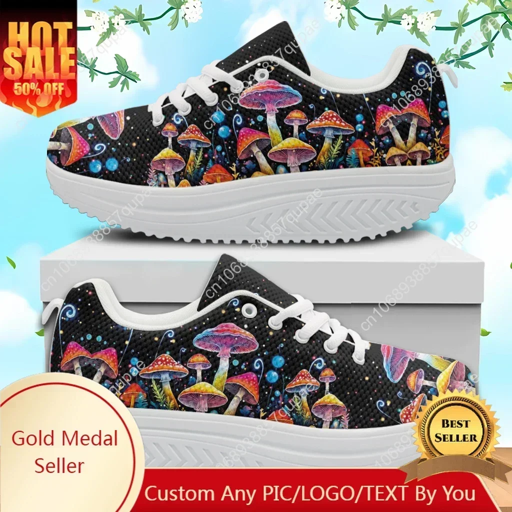 Colorful Mushroom Design Women's Fashion Casual Rocking Shoes Lace-up High Quality Height-increasing Shoes Custom Shoes