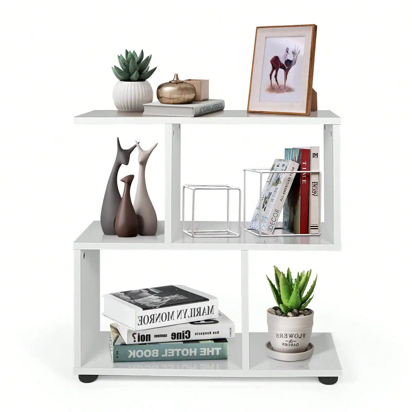 

2-Tier Bookshelf Free Standing Display S-Shaped Shelf Storage Rack White