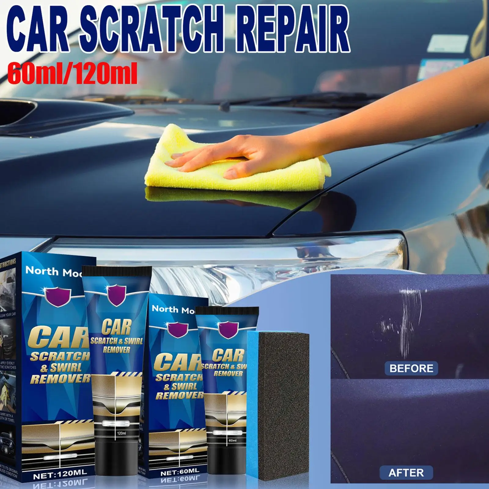 Car Scratch Remover Repair Kit, Cera de Polimento Anti-Scratch, Ferramenta de Reparo com Acessórios, Essential Crea A0C1, 120 ml, 60ml