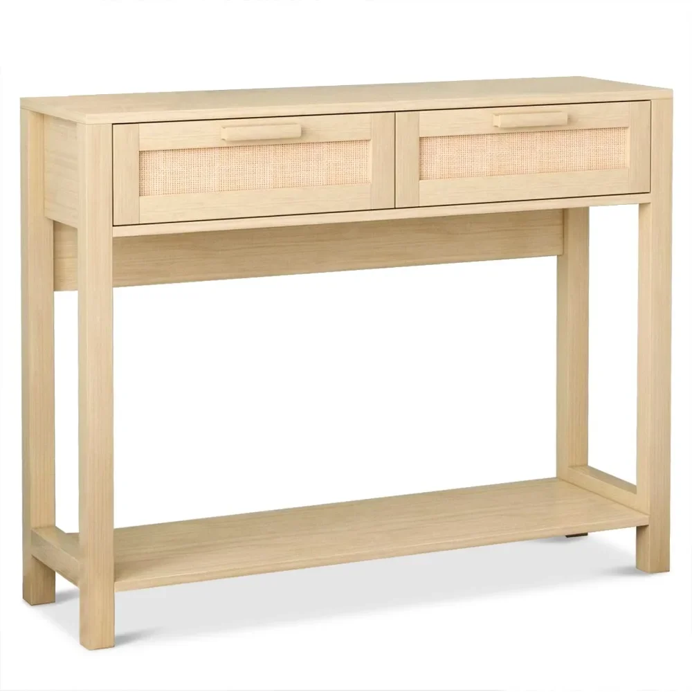 

39.4" Rattan Console Table with 2 Drawers Entryway Wood Narrow Long, Console Tables