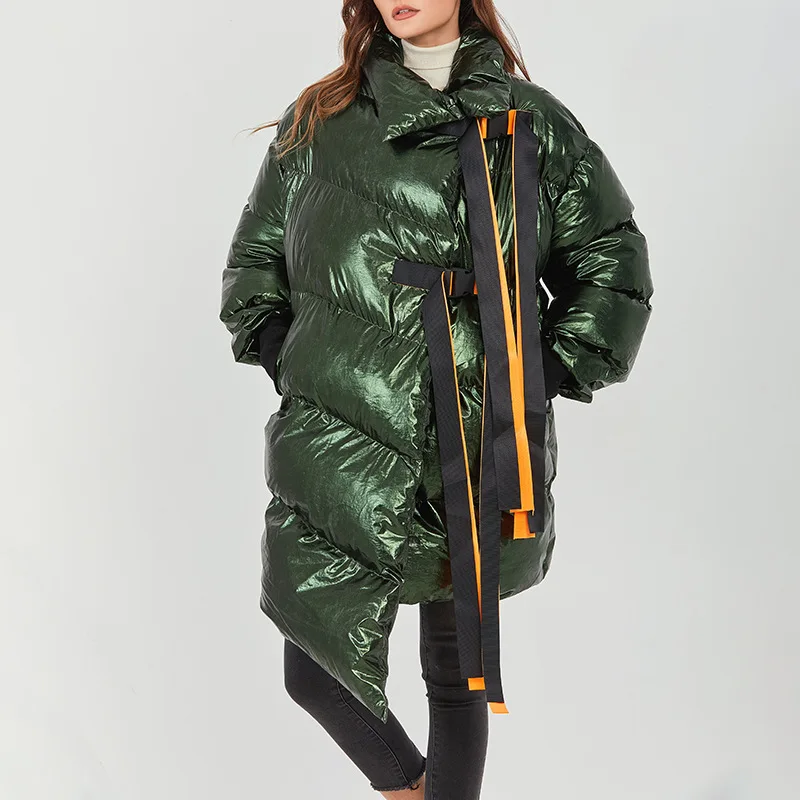 Winter Jacket Women 2023 New Asymmetric Glossy Down Jacket Female Fashion Ribbons Loose Long Down Cotton Coat Thickening Parka