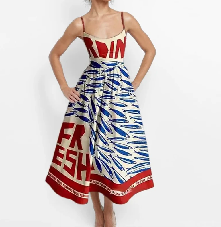 

Fashion Women Print Suspenders Blue Ocean Fish Pattern Sexy Long dress New Spring Summer Temperament Maxi Dresses
