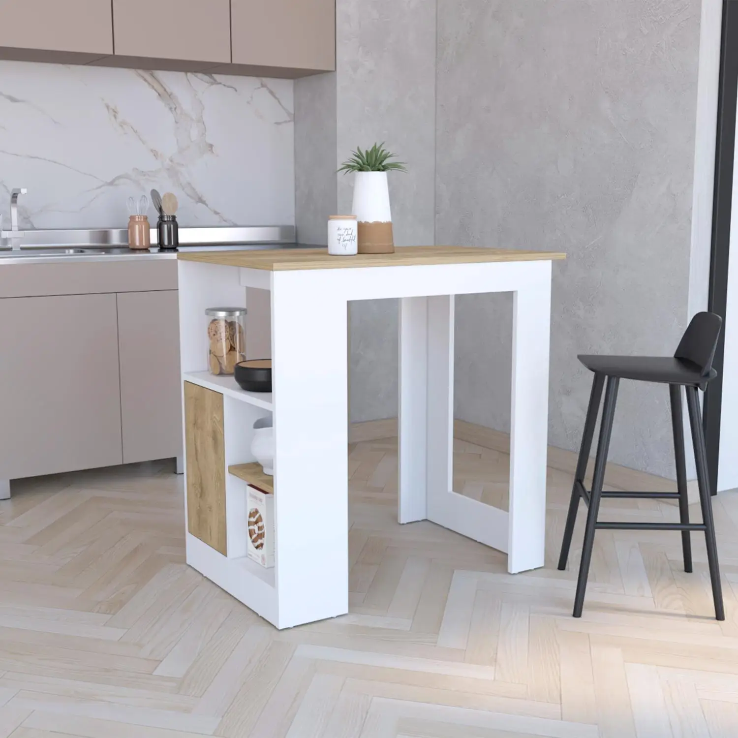 Stirling Kitchen Island with 1-Door Cabinet Push to open System and Side Shelves White / Macadamia