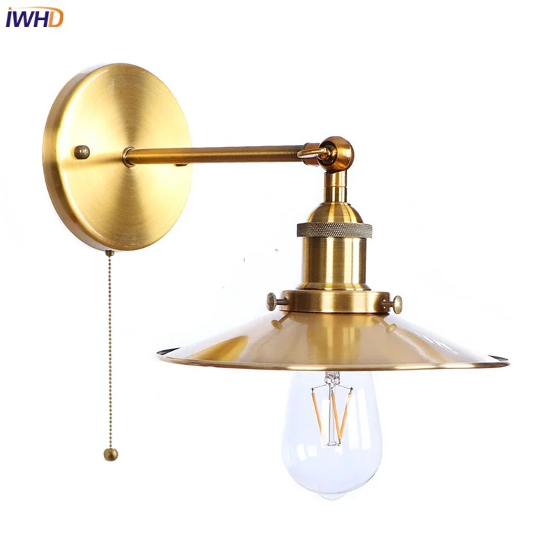 

IWHD Loft LED Wall Lamp With Gold Pull Chain Switch Cafe Bedroom Dining Room Vintage Bathroom Mirror Light Industrial Luminaire