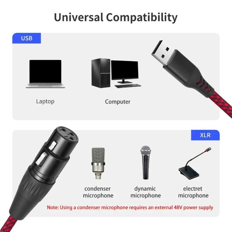 No Driver Required USB Male to 3Pin Female Microphone Cable Conversion Connectors Cord for Studio Streaming Podcasts 83CF