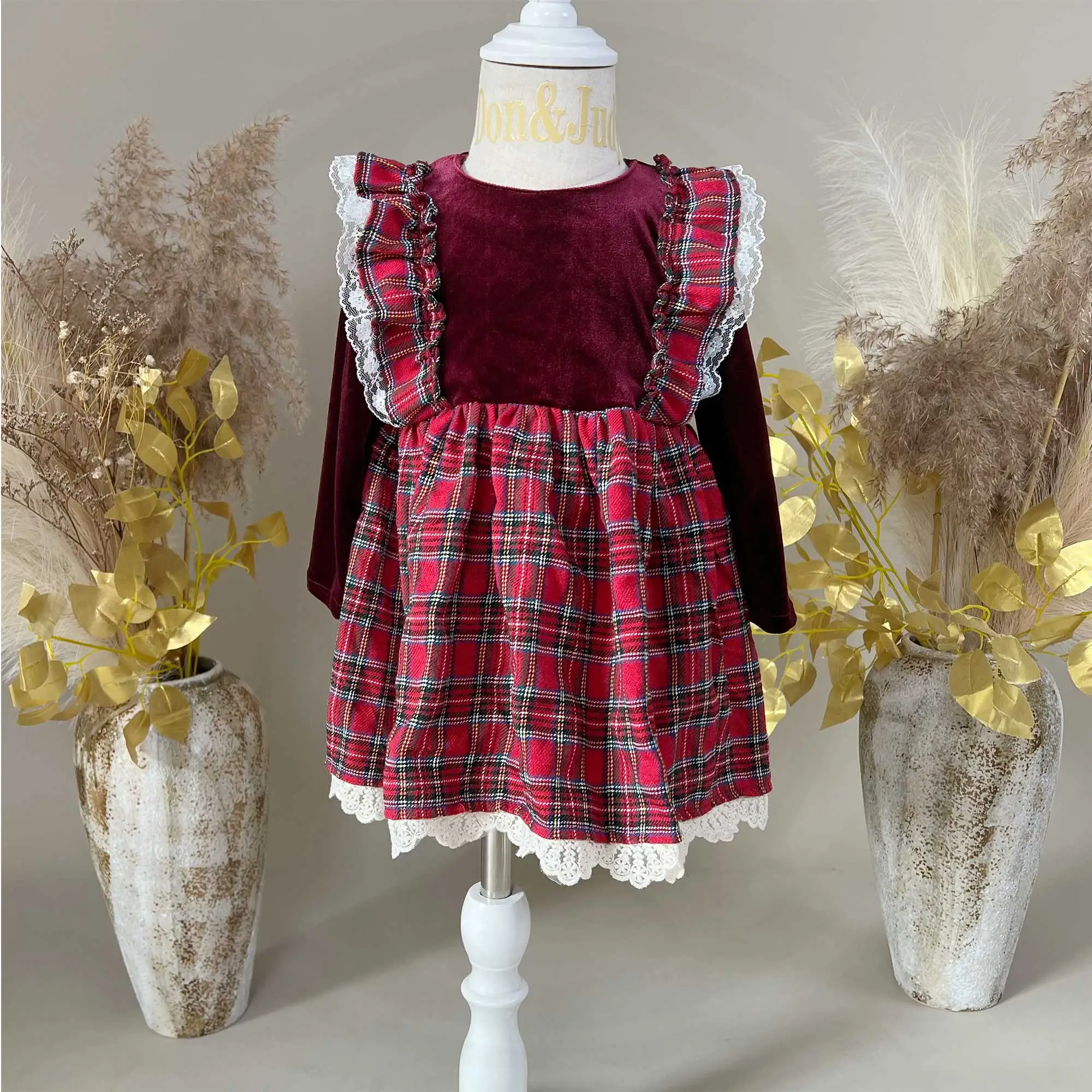 Autumn1-6 Years Old Long - sleeved Velvet Check Dress Birthday Party Children's Formal Wear Girl Photography Prop Souvenir Photo