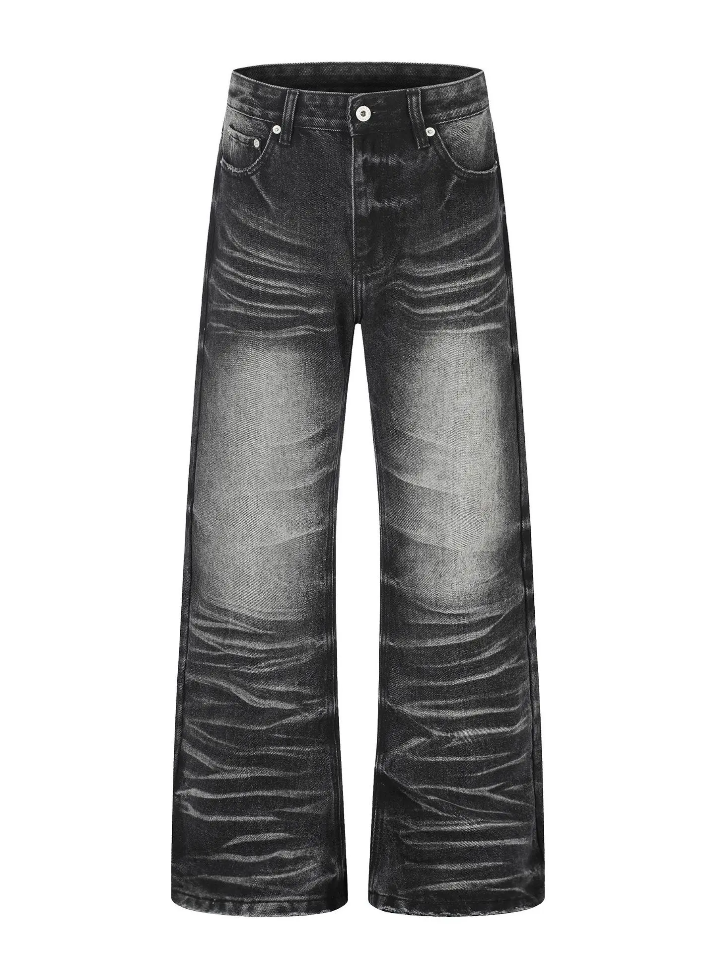 Calça Jeans B72 Star Bright Preta Lavada Estilo Desgastado Unissex Casual Solta Boca de Sino Cintura Média Tecido Denim Outon...