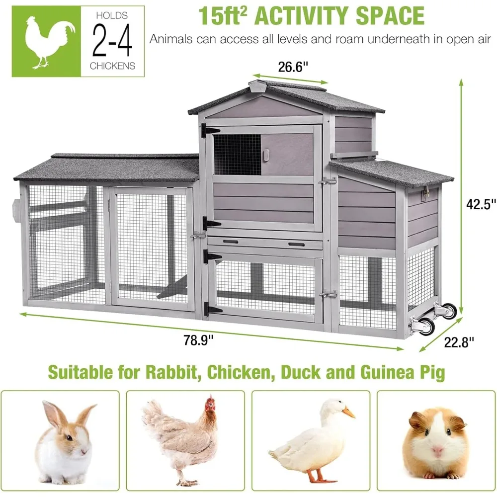 

Mobile 80in Chicken Coop with Wheels Hen House Outdoor Nesting Box Expandable Large Waterproof Chicken House Wooden Poultry Cage