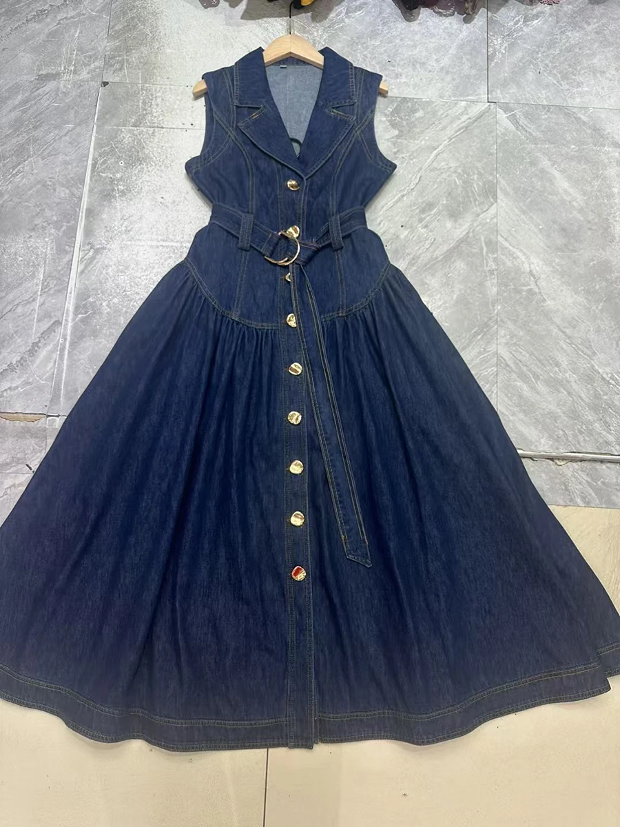 Twotwinstyle ファッションスプライシングシングルブレストカウボーイドレス女性のためのラペルノースリーブパッチワークベルト気質ドレス女性